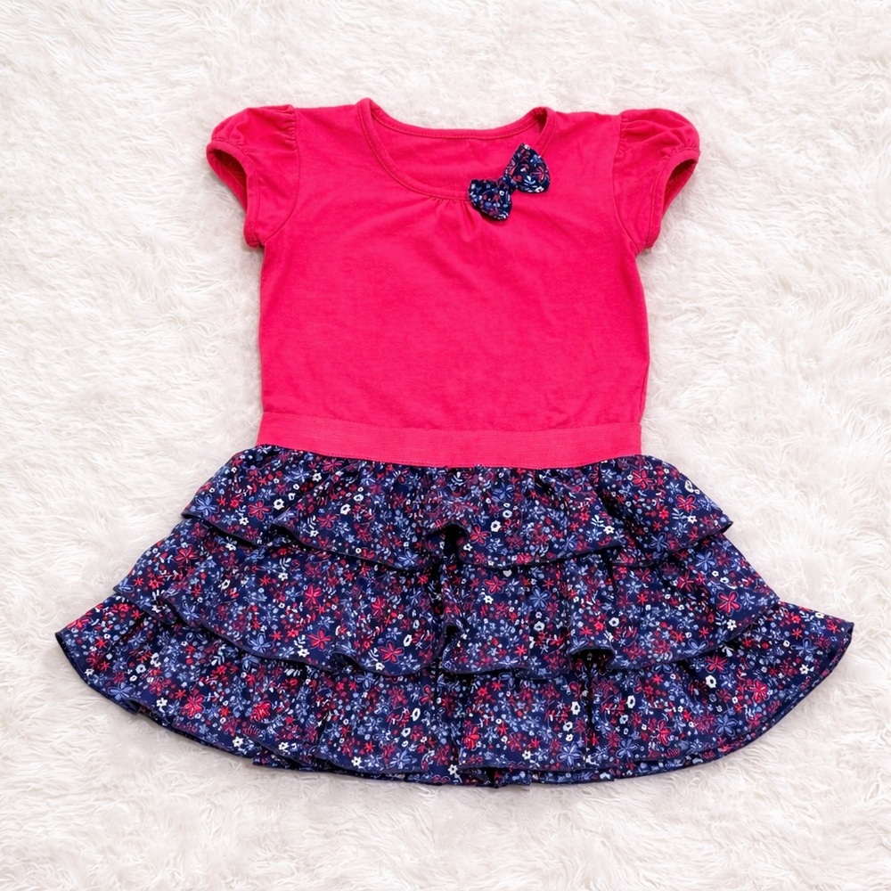 Girls 3–4 Years Pink & Navy Floral Ruffle Dress | Bow Detail | Cotton Blend